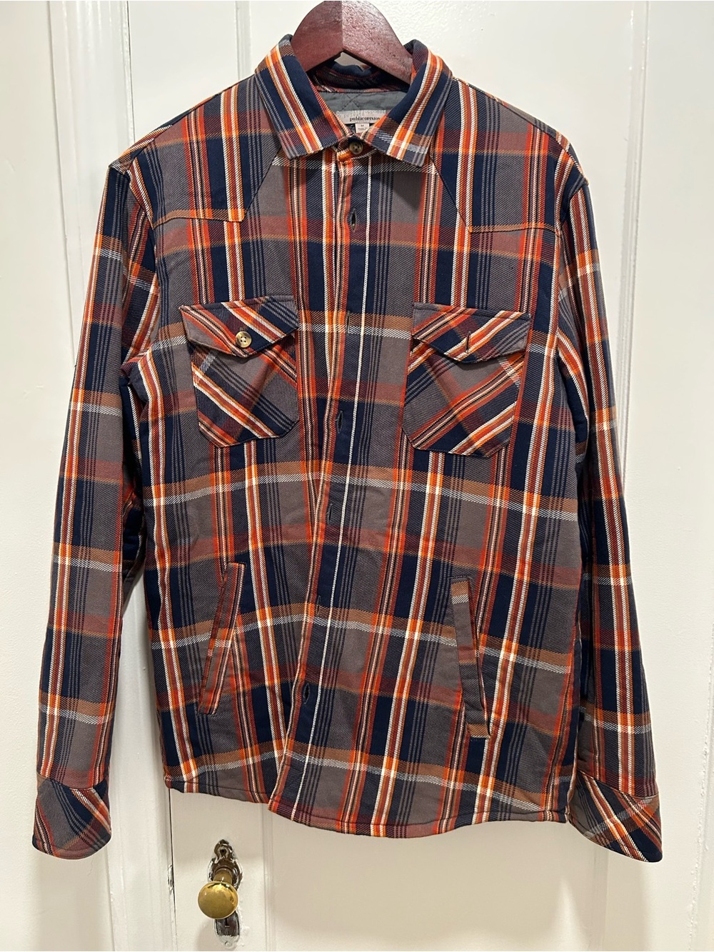 Men's Plaid Button-Up Jacket in Navy & Orange
